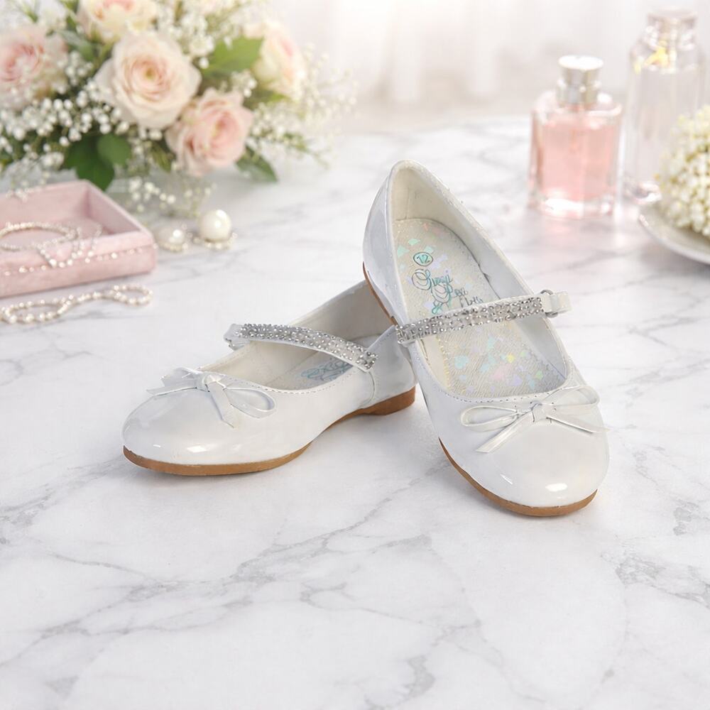 NEW Girl's Communion Dress Shoe-White/Patent Flat Shoe-Rhinestone Strap-Size 13T